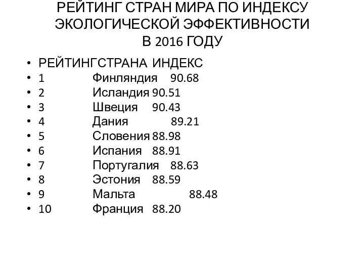 РЕЙТИНГ СТРАН МИРА ПО ИНДЕКСУ ЭКОЛОГИЧЕСКОЙ ЭФФЕКТИВНОСТИ В 2016 ГОДУ РЕЙТИНГ