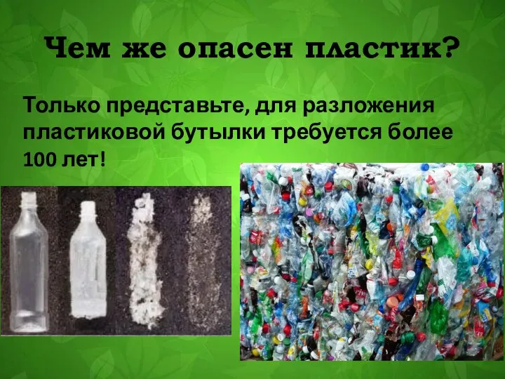 Чем же опасен пластик? Только представьте, для разложения пластиковой бутылки требуется более 100 лет!