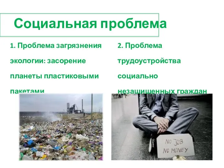 Социальная проблема 1. Проблема загрязнения экологии: засорение планеты пластиковыми пакетами 2. Проблема трудоустройства социально незащищенных граждан