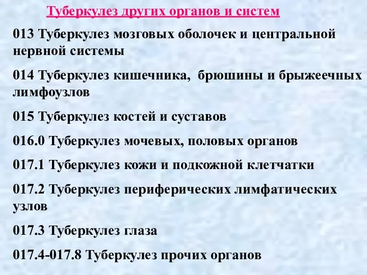 Туберкулез других органов и систем 013 Туберкулез мозговых оболочек и центральной