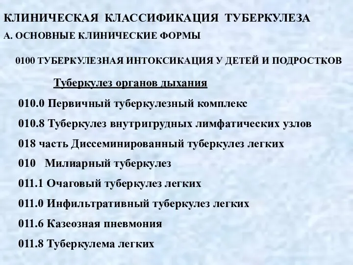 КЛИНИЧЕСКАЯ КЛАССИФИКАЦИЯ ТУБЕРКУЛЕЗА А. ОСНОВНЫЕ КЛИНИЧЕСКИЕ ФОРМЫ 0100 ТУБЕРКУЛЕЗНАЯ ИНТОКСИКАЦИЯ У