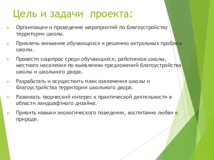 Цель и задачи проекта: Организация и проведение мероприятий по благоустройству территории