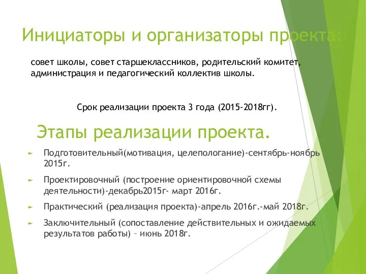 Инициаторы и организаторы проекта: совет школы, совет старшеклассников, родительский комитет, администрация