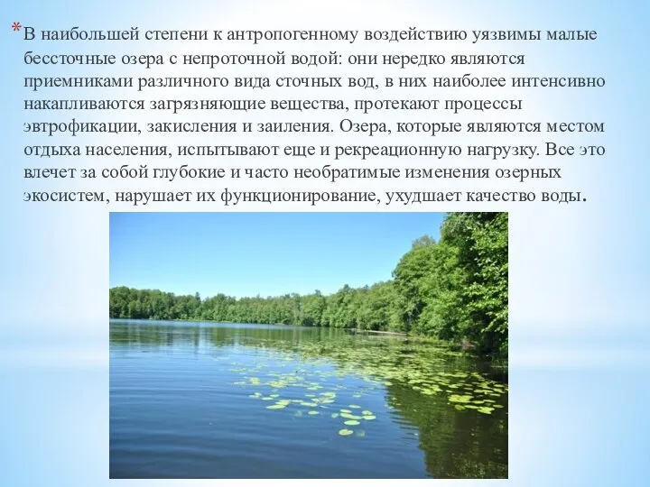 В наибольшей степени к антропогенному воздействию уязвимы малые бессточные озера с