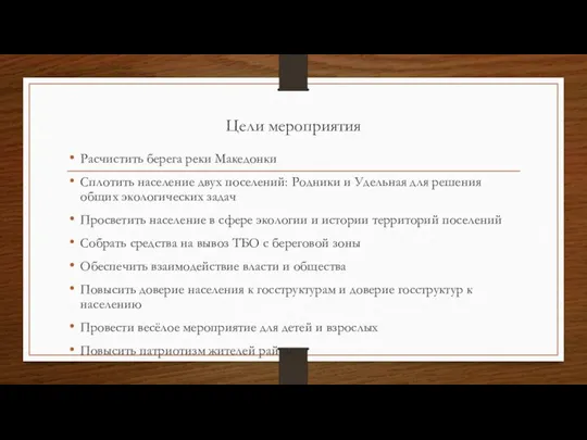 Цели мероприятия Расчистить берега реки Македонки Сплотить население двух поселений: Родники