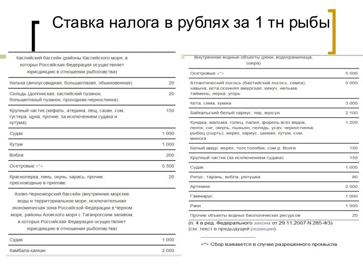 Ставка налога в рублях за 1 тн рыбы