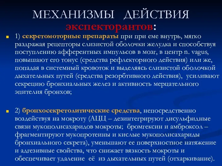 МЕХАНИЗМЫ ДЕЙСТВИЯ экспекторантов: 1) секретомоторные препараты при при еме внутрь, мягко