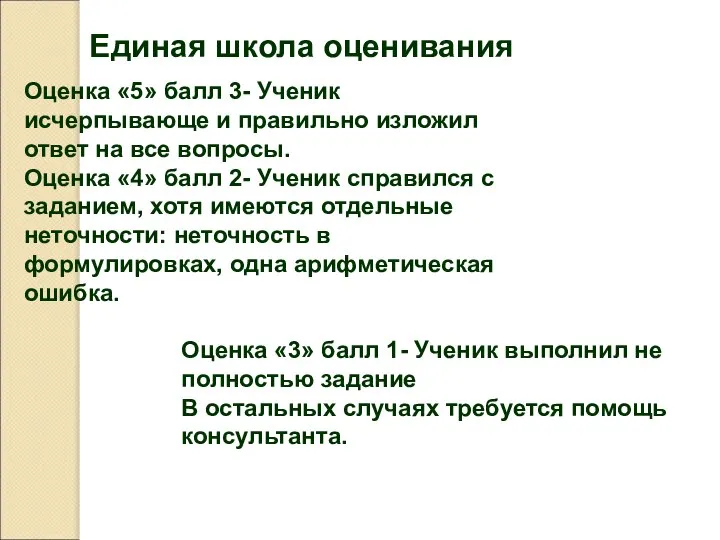 Единая школа оценивания Оценка «5» балл 3- Ученик исчерпывающе и правильно