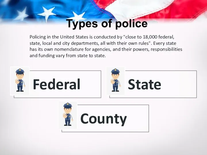 Types of police Policing in the United States is conducted by