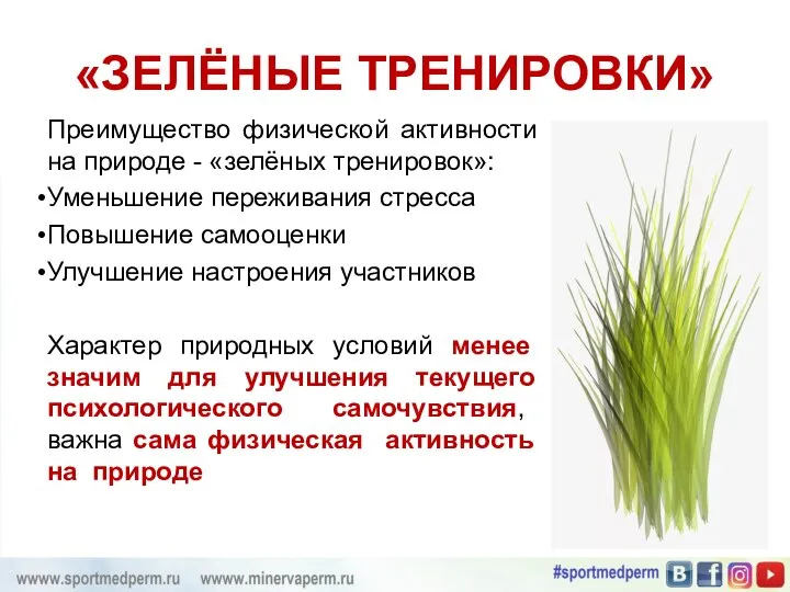 «ЗЕЛЁНЫЕ ТРЕНИРОВКИ» Преимущество физической активности на природе - «зелёных тренировок»: Уменьшение