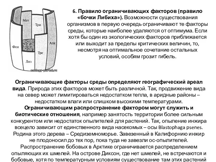 6. Правило ограничивающих факторов (правило «бочки Либиха»). Возможности существования организмов в