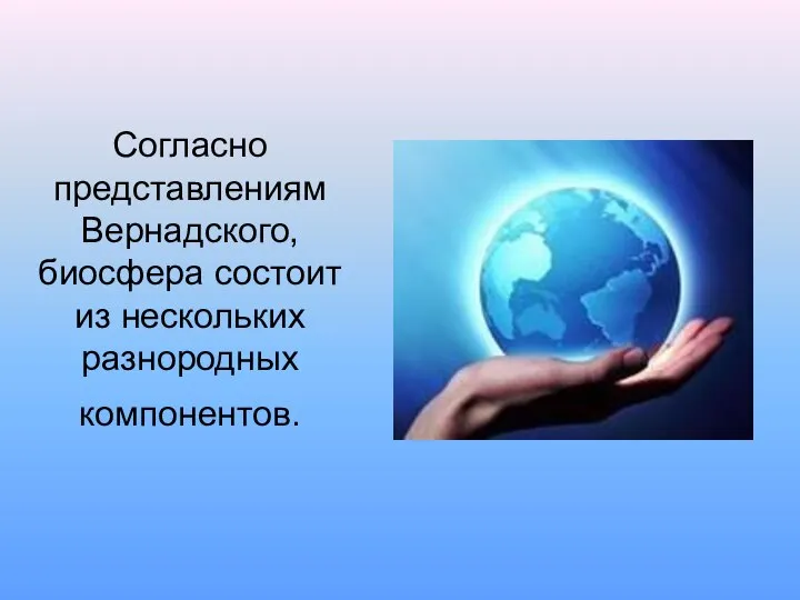 Согласно представлениям Вернадского, биосфера состоит из нескольких разнородных компонентов.