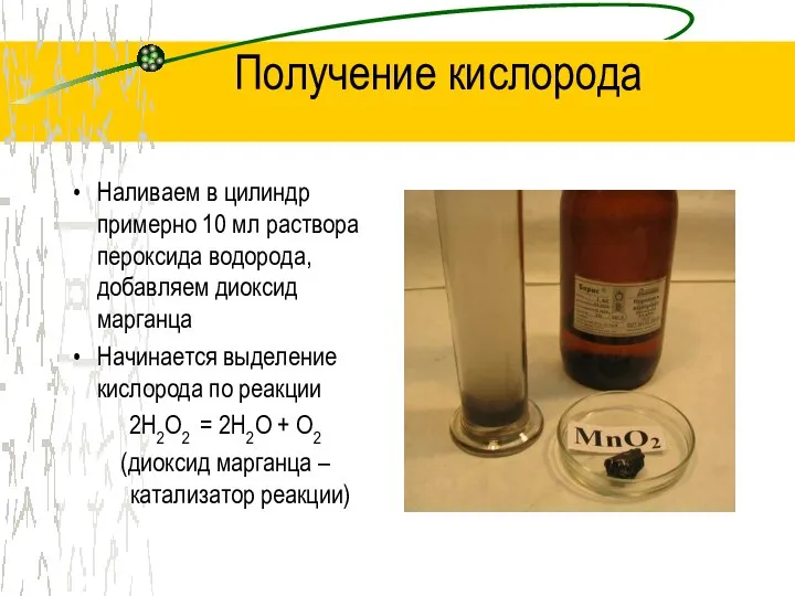 Получение кислорода Наливаем в цилиндр примерно 10 мл раствора пероксида водорода,