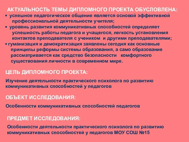 АКТУАЛЬНОСТЬ ТЕМЫ ДИПЛОМНОГО ПРОЕКТА ОБУСЛОВЛЕНА: успешное педагогическое общение является основой эффективной