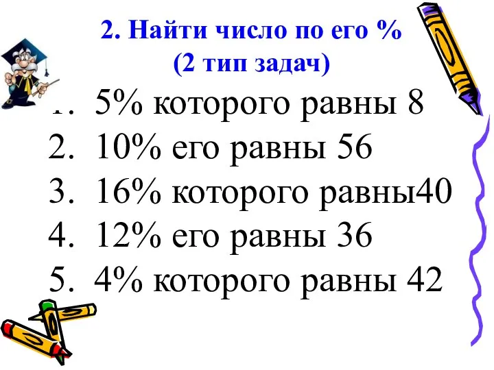 2. Найти число по его % (2 тип задач) 5% которого