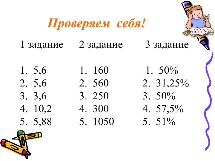 Проверяем себя! 3 задание 1. 50% 31,25% 50% 57,5% 51% 2