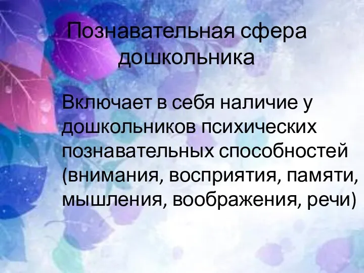 Познавательная сфера дошкольника Включает в себя наличие у дошкольников психических познавательных