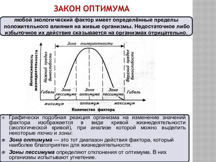 ЗАКОН ОПТИМУМА Графически подобная реакция организма на изменение значений фактора изображается