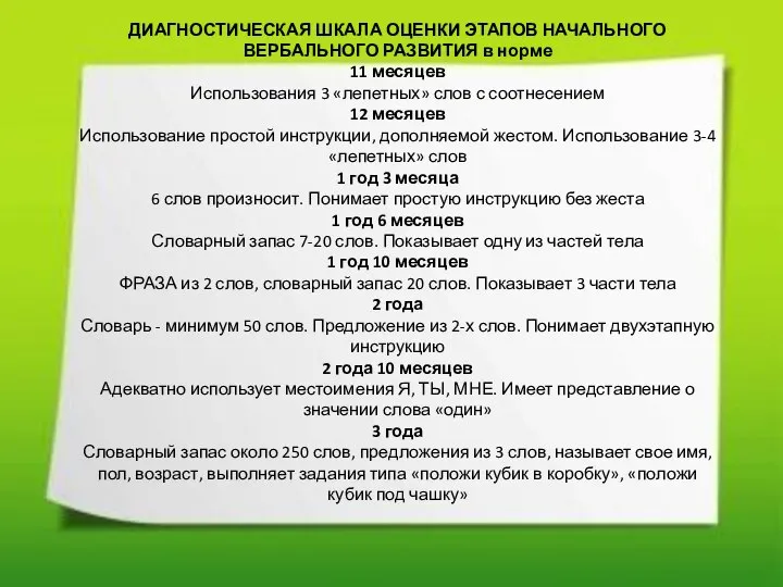 ДИАГНОСТИЧЕСКАЯ ШКАЛА ОЦЕНКИ ЭТАПОВ НАЧАЛЬНОГО ВЕРБАЛЬНОГО РАЗВИТИЯ в норме 11 месяцев