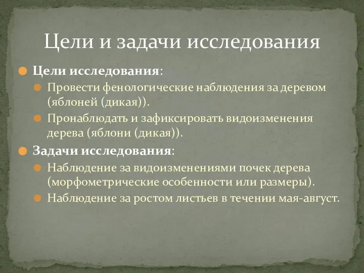 Цели исследования: Провести фенологические наблюдения за деревом (яблоней (дикая)). Пронаблюдать и