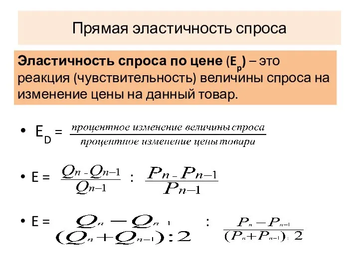 Прямая эластичность спроса ED = E = : E = :