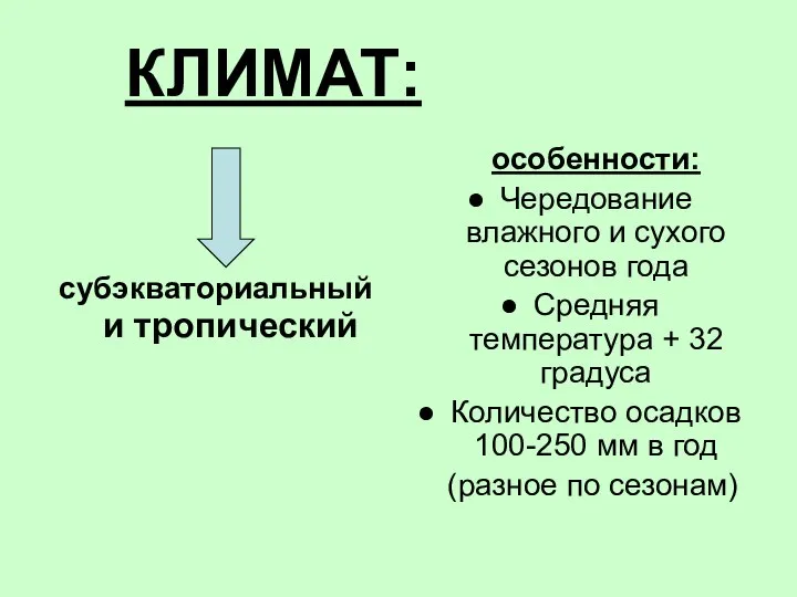 КЛИМАТ: субэкваториальный и тропический особенности: Чередование влажного и сухого сезонов года