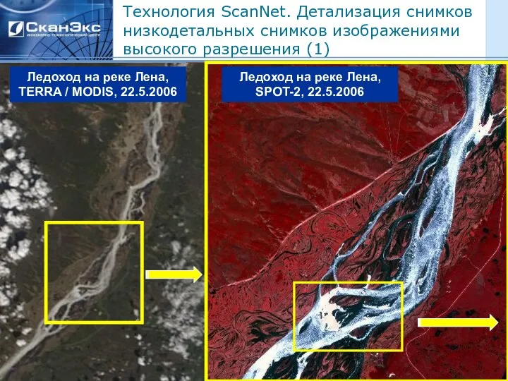 Технология ScanNet. Детализация снимков низкодетальных снимков изображениями высокого разрешения (1) Ледоход