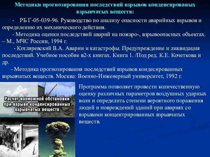 Методики прогнозирования последствий взрывов конденсированых взрывчатых веществ: - РБ Г-05-039-96. Руководство