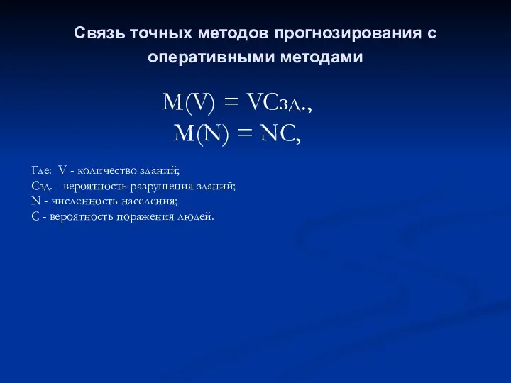 Связь точных методов прогнозирования с оперативными методами M(V) = VCзд., M(N)