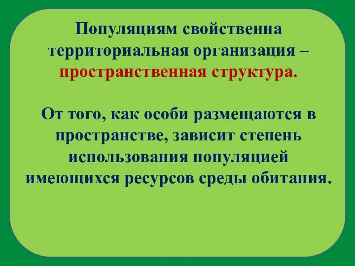 Популяциям свойственна территориальная организация – пространственная структура. От того, как особи