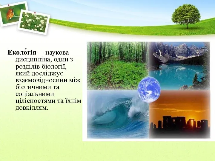 Еколо́гія— наукова дисципліна, один з розділів біології, який досліджує взаємовідносини між