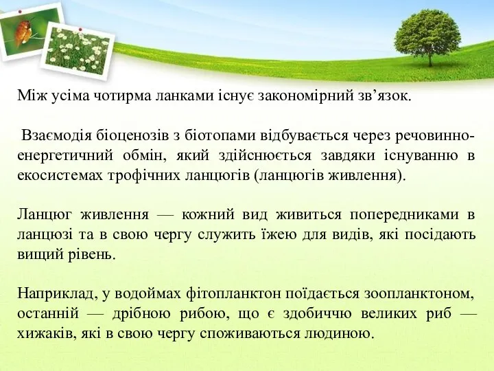 Між усіма чотирма ланками існує закономірний зв’язок. Взаємодія біоценозів з біотопами