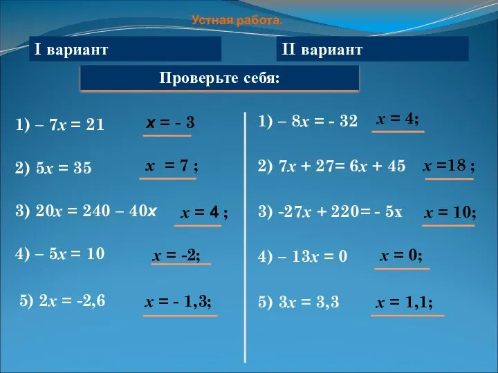 Устная работа. Решите уравнения: 1) – 7х = 21 Проверьте себя: