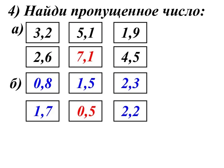 4) Найди пропущенное число: а) 3,2 5,1 1,9 4,5 2,6 7,1