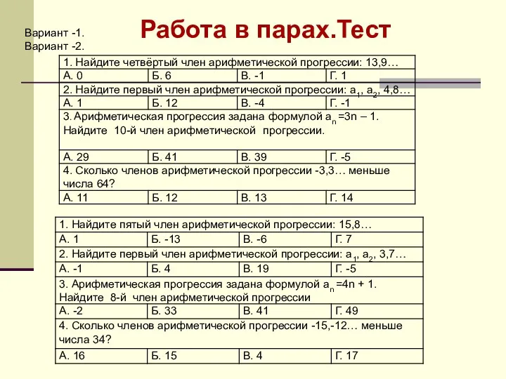 Вариант -1. Вариант -2. Работа в парах.Тест