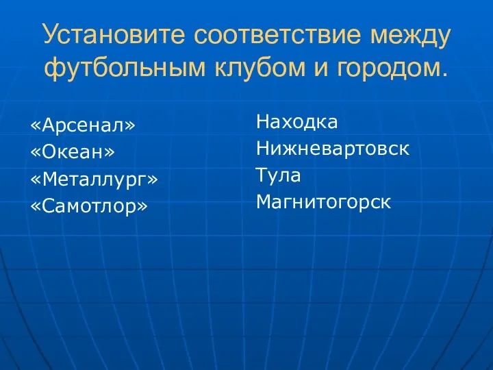 Установите соответствие между футбольным клубом и городом. «Арсенал» «Океан» «Металлург» «Самотлор» Находка Нижневартовск Тула Магнитогорск