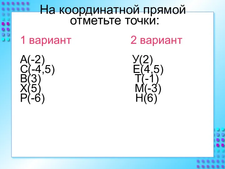 На координатной прямой отметьте точки: 1 вариант 2 вариант А(-2) У(2)