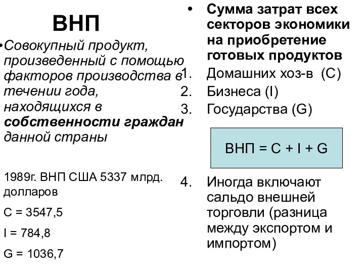 ВНП Совокупный продукт, произведенный с помощью факторов производства в течении года,