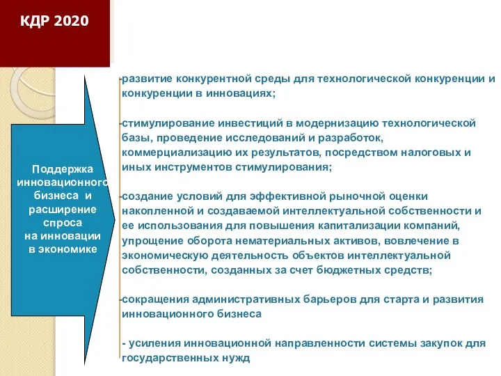 Развитие национальной инновационной системы и технологий Поддержка инновационного бизнеса и расширение