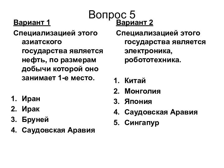 Вопрос 5 Вариант 1 Специализацией этого азиатского государства является нефть, по