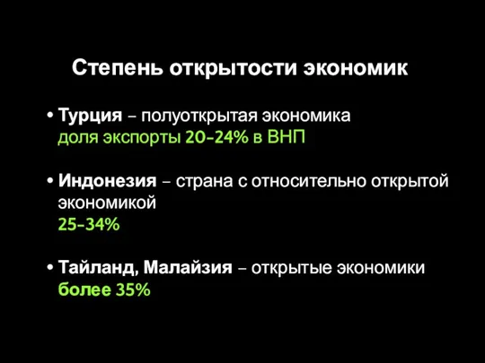 Степень открытости экономик Турция – полуоткрытая экономика доля экспорты 20-24% в