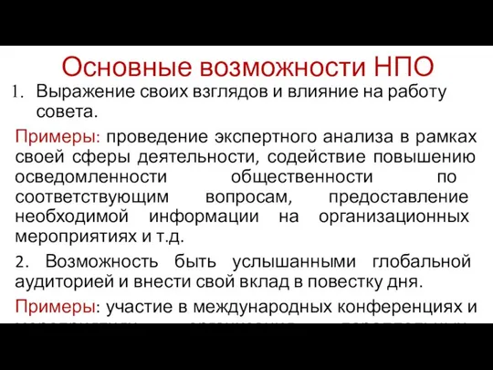 Основные возможности НПО Выражение своих взглядов и влияние на работу совета.