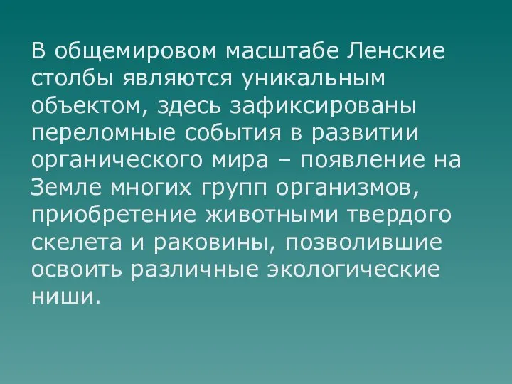 В общемировом масштабе Ленские столбы являются уникальным объектом, здесь зафиксированы переломные