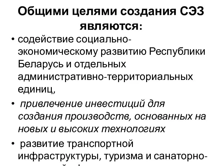 Общими целями создания СЭЗ являются: содействие социально-экономическому развитию Республики Беларусь и