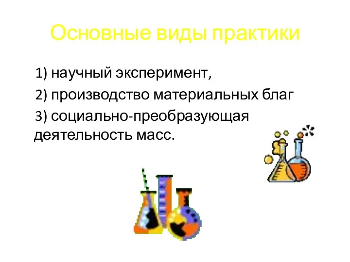 Основные виды практики 1) научный эксперимент, 2) производство материальных благ 3) социально-преобразующая деятельность масс.