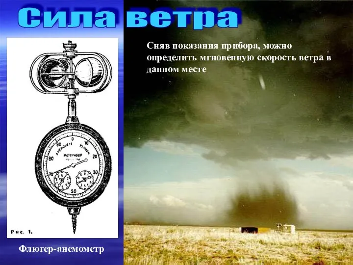 Флюгер-анемометр Сила ветра Сняв показания прибора, можно определить мгновенную скорость ветра в данном месте