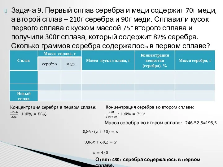 Задача 9. Первый сплав серебра и меди содержит 70г меди, а