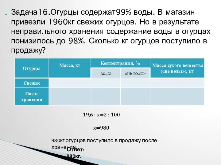 Задача16.Огурцы содержат99% воды. В магазин привезли 1960кг свежих огурцов. Но в