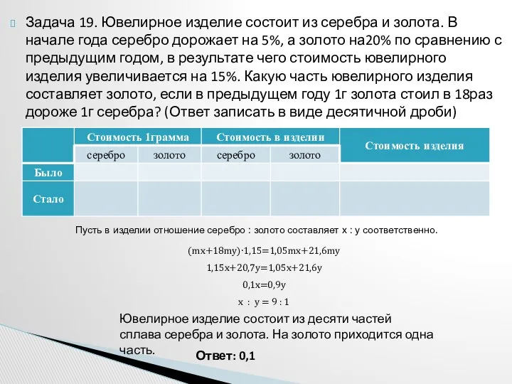 Задача 19. Ювелирное изделие состоит из серебра и золота. В начале