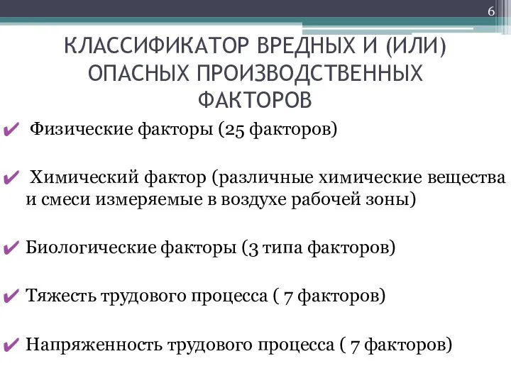 КЛАССИФИКАТОР ВРЕДНЫХ И (ИЛИ) ОПАСНЫХ ПРОИЗВОДСТВЕННЫХ ФАКТОРОВ Физические факторы (25 факторов)